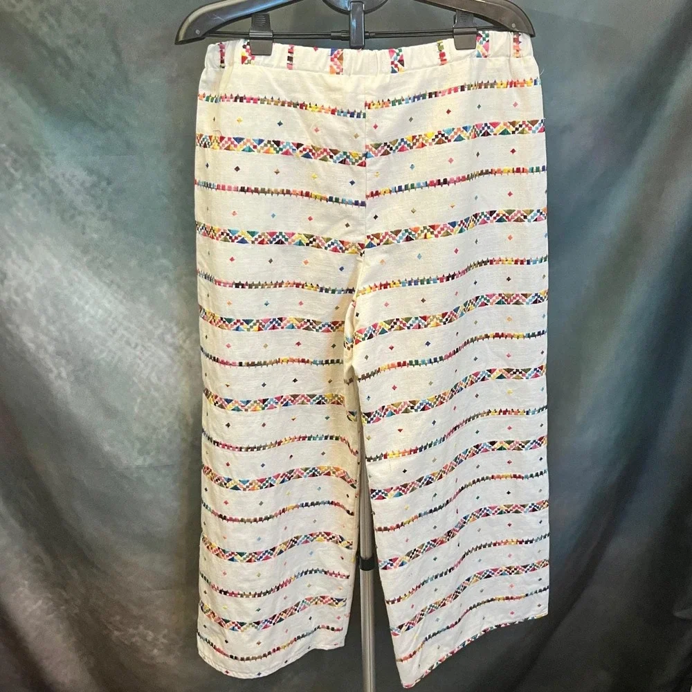 Embroidered Kantha Bohemian Pants Colorful Geometric Print Wide‎ Leg Size L/XL